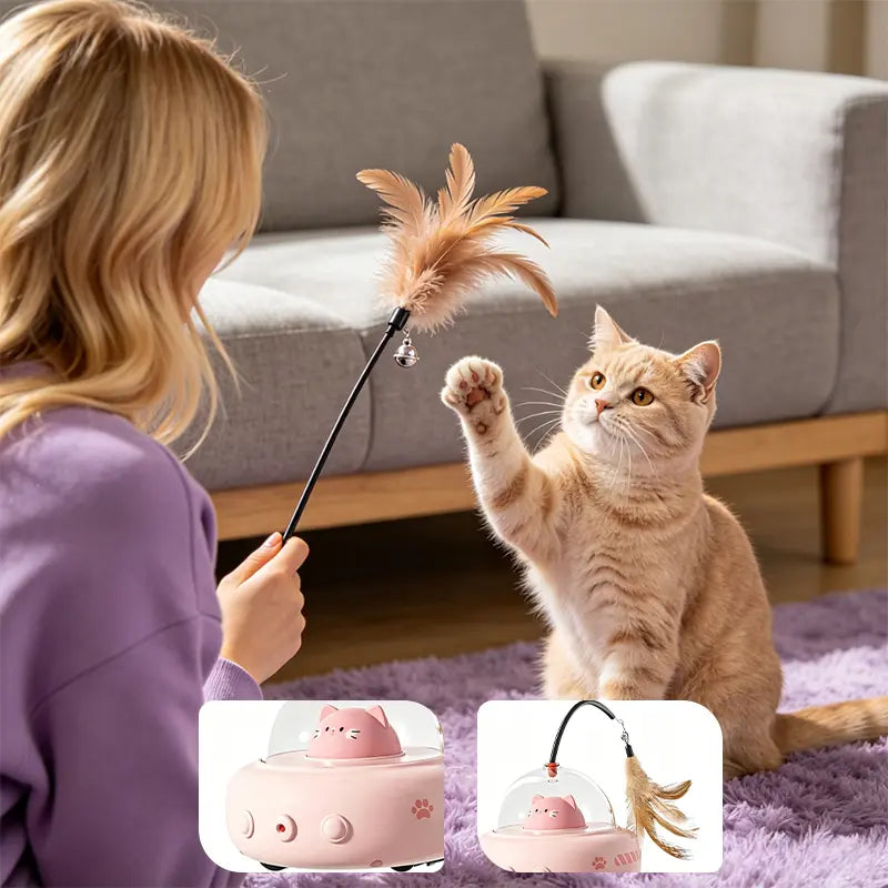 Interactive 2-in-1 Smart Laser and Feather Wand Toy for Indoor Cats - Automatic Rotating, Durable Self-Play Electric Pet Toy for Enhanced Feline Engagement