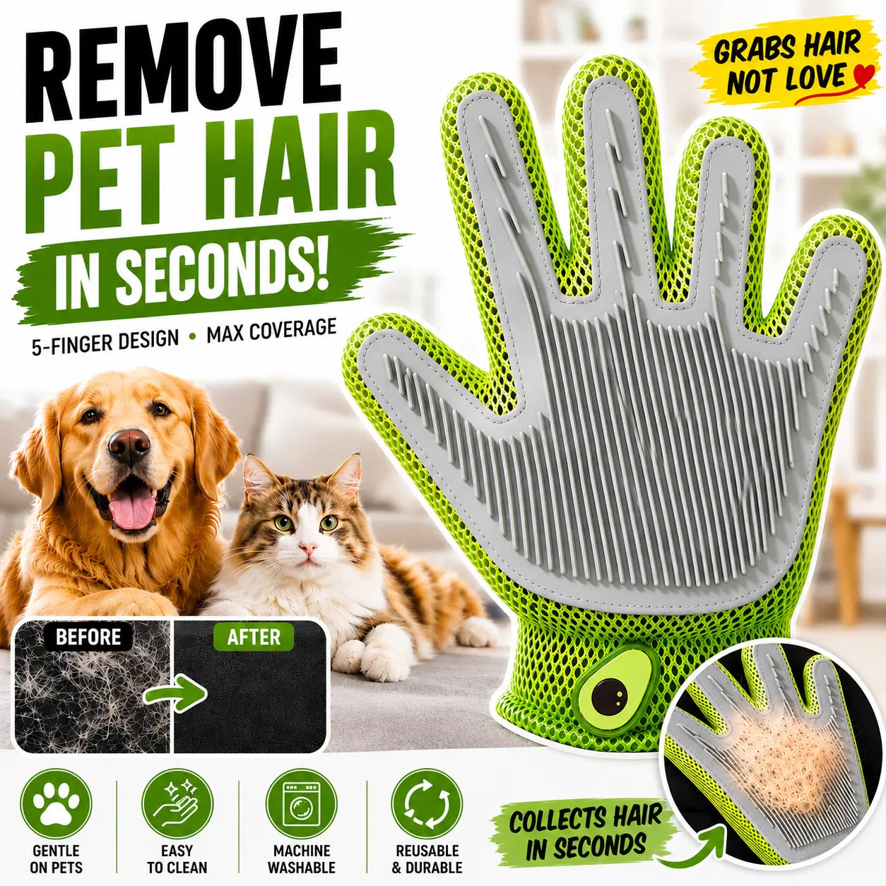 Professional Pet Grooming Glove for Cats and Dogs - Soft Silicone Brush for Daily Grooming, Deshedding, and Relaxing Massage to Enhance Pet Comfort and Maintain a Clean Home