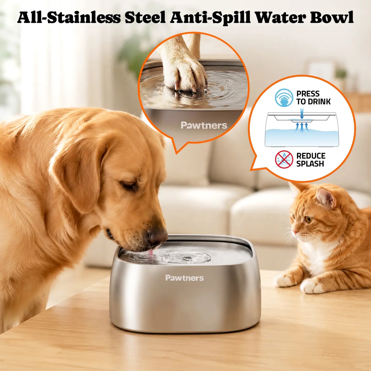 Pawtners No-Spill Pet Water Bowl with Floating Disk Design - Slow Feeder for Dogs and Cats of All Sizes