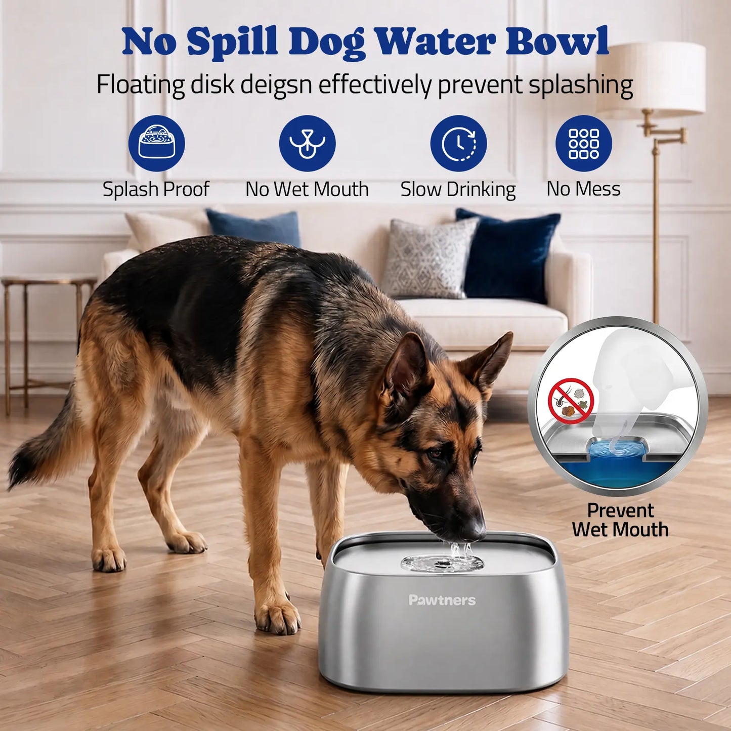 Pawtners No-Spill Pet Water Bowl with Floating Disk Design - Slow Feeder for Dogs and Cats of All Sizes
